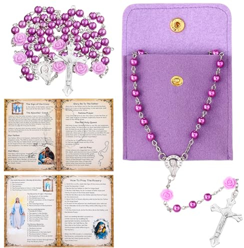 Quelay Rosary Catholic for Women Prayer Card, Purple, Rose