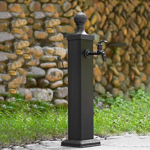 Gartenschlauchständer mit Wasserhahn und Brunnen für Außenterrasse und Rasen, Bodenmontage, Wasserhahnsäulen für Gartenschlauchaufbewahrung und Verlängerung (114 cm)
