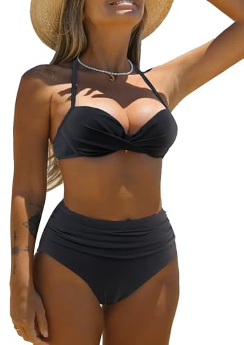 NLAND Bikini för kvinnor, push-up, blommönster, hög midja, badmode, bikini, tvådelad baddräkt, baddräkt med justerbara remmar
