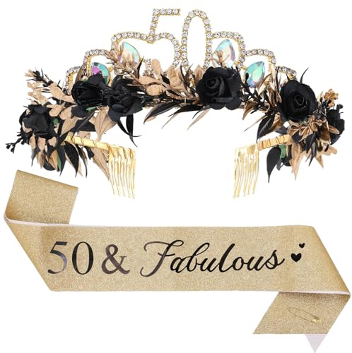 50th Birthday Flower Crown and Sash Set - Rose With Rhinestone Crystal Tiara Black Gold Headdress for 50 Year Old Women, Suitable for 50th Female Mother Birthday Party Accessories Gift