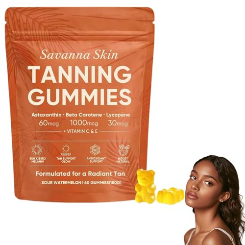 Savanna Skin Tanning Gummies, 2026 Best Tanning Gummies, Savannah Tannings Gummie, with Vitamin C & E, Beta Carotene, Skin Radiance & Hydration for Natural Looking Glow, 60 Count (1 Pack)