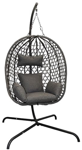 Poltrona sospesa per esterni, con telaio e supporto, 194 cm, antracite, in polyrattan, con cuscino per interni ed esterni, da giardino, in vimini, imbottita, resistente alle intemperie