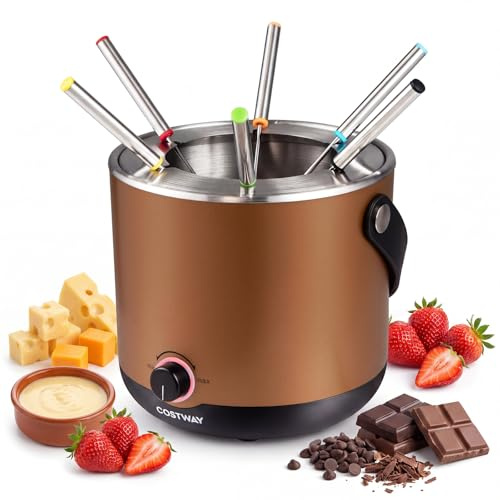 COSTWAY Elektrisk fondue-set, 2 l fondue-set 800 W av rostfritt stål, chokladfondue med 6 fonduegafflar och stänkskydd, diskmaskinssäker, bärbar ostfondue med handtag för kött, ost och choklad