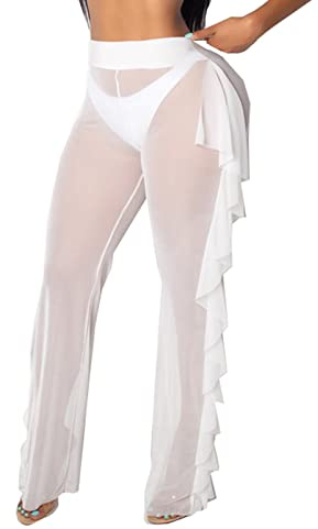 Ruewey, pantaloni da donna See Throug Mesh Flare Coverup Costume da bagno Bikini copertura inferiore elastico in vita gamba larga pantaloni Palazzo - Bianco - M