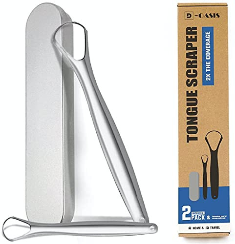 D-Oasis Raschietto per lingua in acciaio inox largo e piccolo, confezione da 2 con custodia da viaggio, cura l'alito cattivo – naturalmente antimicrobico di grado medico – facile da usare e pulire