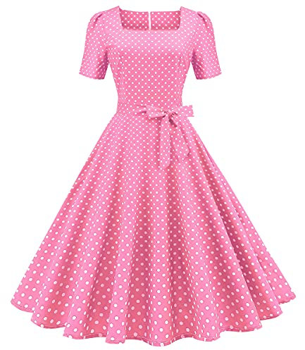 1950s Dresses for Women UK Vintage Elegant 1940s 50s Style Audrey Hepburn Rockabilly Short Sleeve Polka Dots A Line Swing Midi Skater Tea Dress Cocktail Party Evening Prom Gown Plus Size B#Pink XL