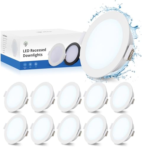 Gr4tec LED Einbaustrahler 230V 68mm, 10er-Set LED Spots Badzimmer IP65 Kaltweiß 6500K 400LM, 5W Deckenspots Einbauleuchten Flach, Spots Deckenleuchte für Wohnzimmer Küche Büro