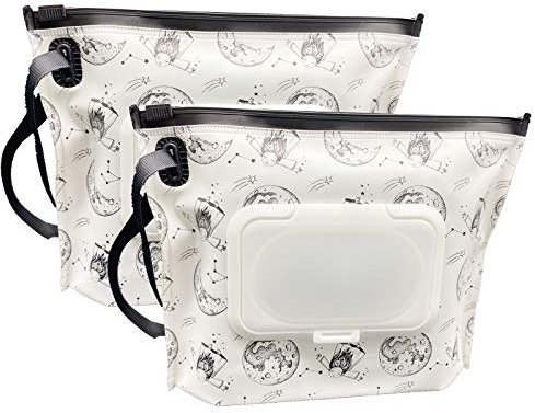 ULVBABI Kleine Größe, tragbare Feuchttücher-Behälter (17.8x13.7 cm), wiederverwendbar und nachfüllbar, Baby-Feuchttücher-Spender, umweltfreundlich, handlich, Tragetasche, Halter (Moon Girl)