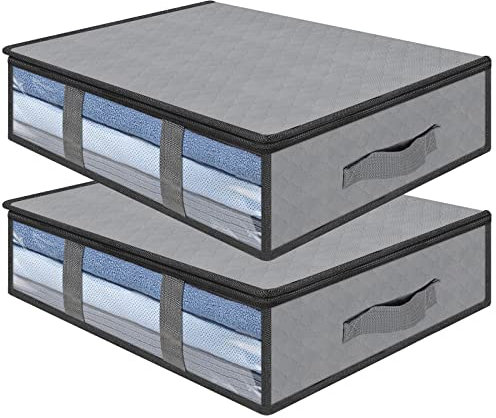 AiQInu Contenitori Sottoletto,2 Pezzi Organizer Sotto letto Con Finestra di Osservazione e Maniglia,Salvaspazio Pieghevole Organizzatore Armadio per Abbigliamento Coperte Piumoni