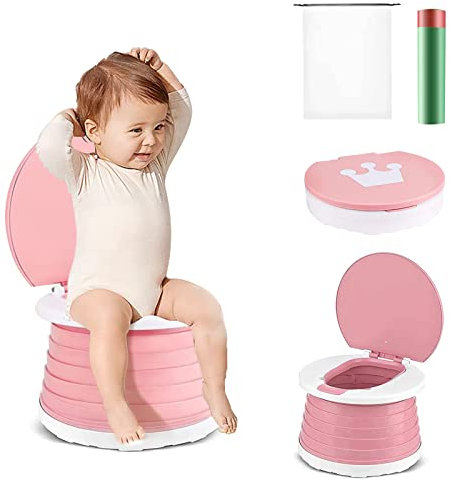 Töpfchen Für Kinder Baby Toilettensitz Ab 1 Jahr Reisetöpfchen Faltbar Für Unterwegs Baby Töpfchen Training Für Jungen Mädchen Töpfchen Auto Klapptöpfchen Kinder mit 15 Reisen Potty Liners(Rose)