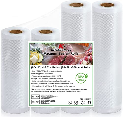 KitchenBoss Sac Sous Vide Alimentaire：Rouleau Sous Vide Alimentaire sans BPA pour Machine Sous Vide, Film Sous Vide Alimentaire 4 Rouleaux, Plastique Sachet de Mise Sous Vide Alimentaire, 20/28/500cm