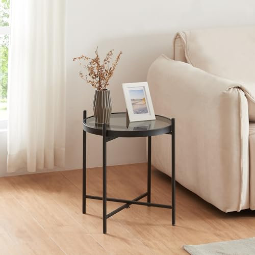 [en.casa] Beistelltisch Lier Wohnzimmertisch mit Glasplatte rund 41,5 x 46 cm Glastisch Nachttisch Schwarz Kaffeetisch Metallgestell Sofatisch Abstelltisch