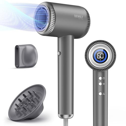 Ionen Haartrockner Föhn mit Magnetischen Diffusor,DEWILY Fön mit 110,000RPM bürstenlosem Motor, Trocknet Schnell Reisefön Hair Dryer, 300-Millionen Negativ Ionen Haarföhn (Grau mit 2 Düsen)