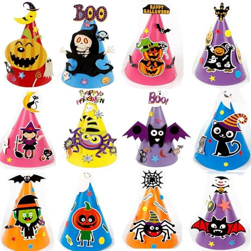 SHJOEE 12Pcs Kinder Partyhüte Set Halloween Hüte für Kinder Papier Krone Hut Party Kegel Hüte Partyhüte Halloween Fasching Geburtstag Karneval Dekoration Party Supplies Dress-up Cosplay Kostüm Zubehör
