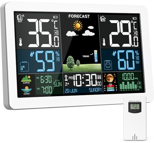 Station Météo Interieur Exterieur Sans Fil, Prévisions Météorologiques, Affichage de la Température et de l'humidité Pression de l'air Couleur, DCF Radio-Réveil Réveil Météo
