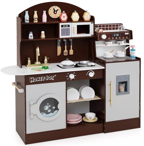 HONEY JOY Kids Kitchen Playset, Wooden Toy Kitchen Set w/Lights, Coffee Maker, Microwave, Sink, Ice Maker, Washing Machine, Little Chef Pretend Play Kitchen for Toddlers Boys Girls (Coffee)