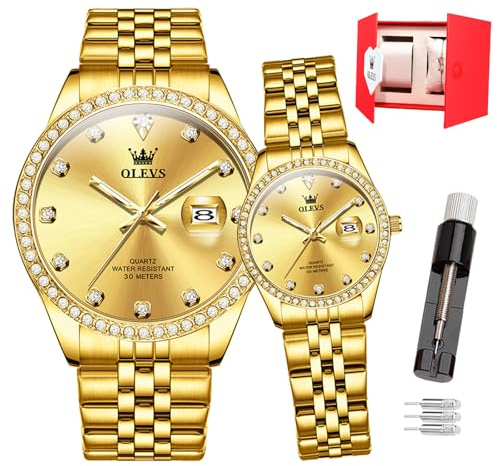 OLEVS Lot de 2 Montres analogiques à Quartz pour Couple - pour Homme et Femme - Étanche - Lumineuse - Date - Cadeau Romantique pour Couple, Or 3629-1 Paire, Moderne