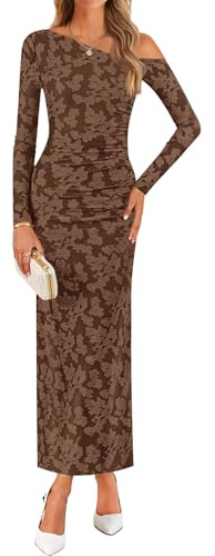 ZESICA Women's Spring Floral Off Shoulder Bodycon Maxi Dresses 2026 Long Sleeve Ruched Elegant Cocktail Party Dress,Brown,Large