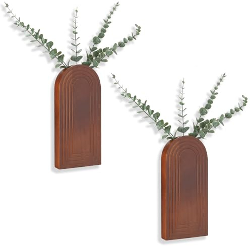 KAMJUNTAR Juego de 2 jarrones de pared de madera, macetas de pared de madera, decoración de bolsillo, moderna decoración de pared bohemia para entrada, sala de estar, baño, decoración de cocina