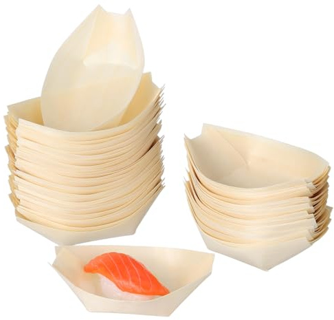 jojofuny 50 Pcs Disposable Wood Sushi Boats Canape Plates Small Pine Wooden Serving Tray Mini Dessert Salad Tasting Bowls for Catering Party Food Tableware