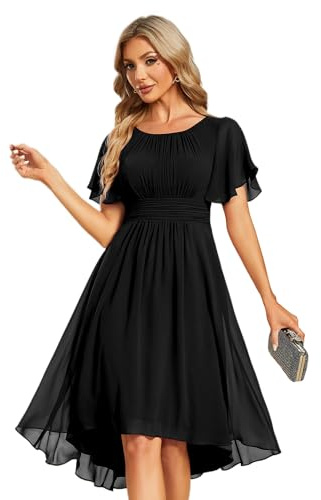 Ever-Pretty Robe de Cocktail Soirée Femme Col Rond Manches Courtes Mousseline Noir 46