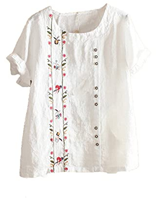 Chemise Coton et Lin Manches Courtes pour Femme Chic et Élégant Blouses Ample Col en Rond Tunique D'été Bohème Folklore Vintage Broderie Top Lâche Respirant T-Shirts Grande Taille D'Été Blouse
