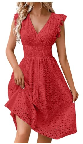 JISOUKIN Robe Ete Boheme D'été Robe Plage Courte sans Manches Vetement Femme Fluide Col V Taille Haute Summer Dress S-XXL