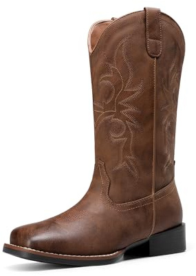 DREAM PAIRS Cowgirl Westernstövlar för kvinnor | Broderad fyrkantig tå mitten av vaden stövlar mode klänning tjocka lågklackade skor för temafest landskonsert