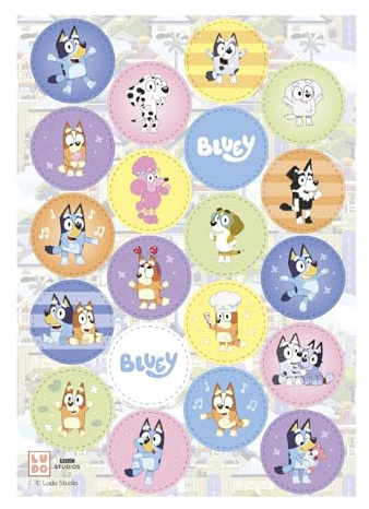 dekora – Decorazioni per Torta di Compleanno Bluey, 20 Mini Dischi in Carta Alimentare Commestibile Ø 3,4 cm, Design Bingo e Bluey per Cupcake, Senza Glutine, Senza Lattosio, Adatto ai Vegetariani