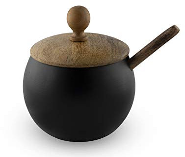 GoCraft Zuckerdose mit Holzdeckel und Löffel für Haus und Küche, Trommelform (mattschwarzes Finish)