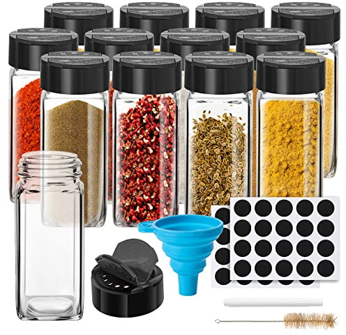 Saiveina 12 Pack Glass Spice Jars with Labels, 4oz Spices Containers Spice Jars with Black Shaker Lids, Empty Containers for Spice, Silicone Funnel and Pen Included