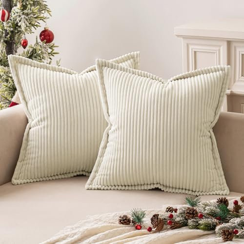 MIULEE Kordsamt Kissenbezug Weiche Kissenhülle Dekorative Sofakissen Quadratische Dekokissen Moderne Zierkissenbezug Gestreifte Kissenbezüge für Schlafzimmer 2 Stück 50x50 cm, Creme