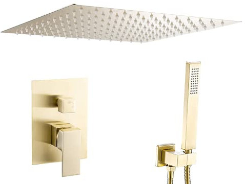 VALAZ Ensemble de douche encastré doré | Système de douche avec effet pluie | Douchette à levier simple 2 voies en acier inoxydable 30 cm | Montage rapide au plafond, élégant, série TAJO