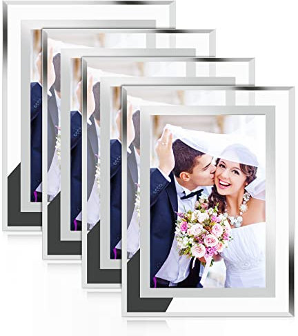4 Pack 7 x 5 Inches Glass Photo Frames Mirrored Picture Frames Tabletop Display Portrait Landscape Frames Gifts - Silver