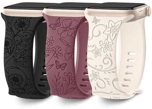 AMSKY 3 stycken blommiga graverade band, kompatibla med Apple Watch-armband, 40 mm, 41 mm, 44 mm, 45 mm, 38 mm, 42 mm, 49 mm, för kvinnor, silikon, ersättningsarmband, kompatibelt med iWatch armband