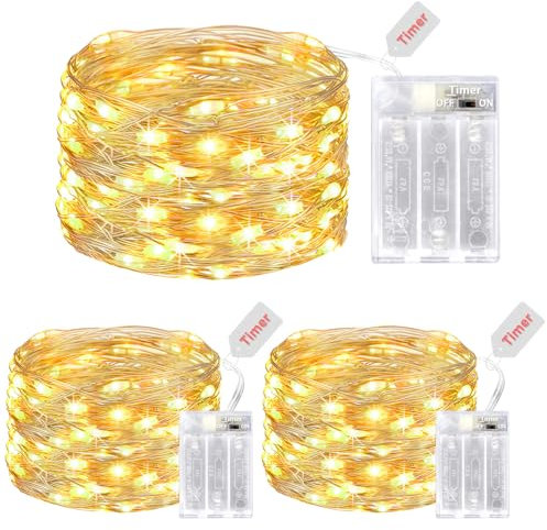 litogo LED Lichterketten Batterie mit Timer, 3 Stück 5M 50er Micro LED Lichterkette Draht Innen Batteriebetrieben für Party Weihnachten Weihnachtsbaum Halloween Hochzeit Deko(Warmweiß)