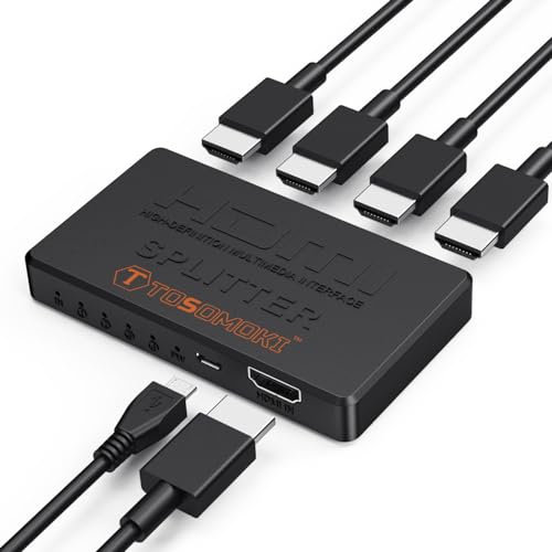 Tosomoki - HDMI Splitter 1 in 4 out Duplicate Mirror Screens 1 to 4 Amplifier 4K@30HZ Full HD 1080P 3D for Xbox PS4 PS5 Sky Box Fire Stick Projector PC Laptop Mac (NOT EXTEND)