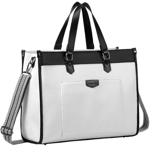 Chase Chic Canvas Laptop Handtasche,Shopper Damen Groß 15,6 zoll Schultertaschen Laptoptasche Tote bag für Büro Schule Reisen,Weiß mit Schwarz