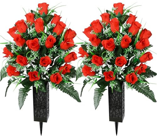 SIFOEL 2 Piezas de Flores Artificiales Cementerio con florero, Rosa Artificial Tumba Flores conmemorativas para la decoración de la lápida del Cementerio (Red-24T)