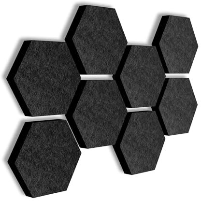 SILENT4® Hexagon Lot de 8 absorbeurs acoustiques muraux en non-tissé acoustique, montage adhésif, image acoustique noire, meilleur son grâce aux panneaux acoustiques pour le bureau, le bureau à