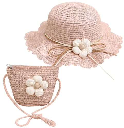 AOOPOO Chapeaux de Paille Filles et Petit Sac Ensemble avec Décoration Florale Chapeau de Soleil d'été Enfant pour Plage Voyage Randonée 2-7 Ans