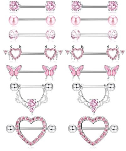 LOLIAS 7 Paar 14G Nippelpiercing Chirurgenstahl für Damen Brustwarzenpiercing Zungenpiercing Edelstahl Nippel Piercing Herz Barbell Piercing Körperschmuck Set für Frauen