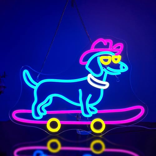 Looklight Skateboard Dog Neon Sign Dachshund Neon Signs Colorful Led Signs with Dimmable Switch Cute Puppy with Cowboy Hat Neon Light Signs for Bedroom Pet Shop Party Gifts for Dog Lover