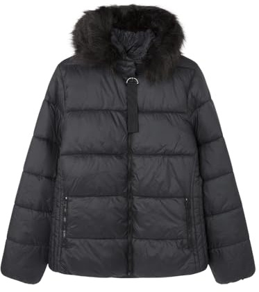Springfield Chaqueta Corta con Bolsillos y Capucha con Pelo en Borde Acolchada Sorona Aura Repelente al Agua, Negro Estandar, XL para Mujer