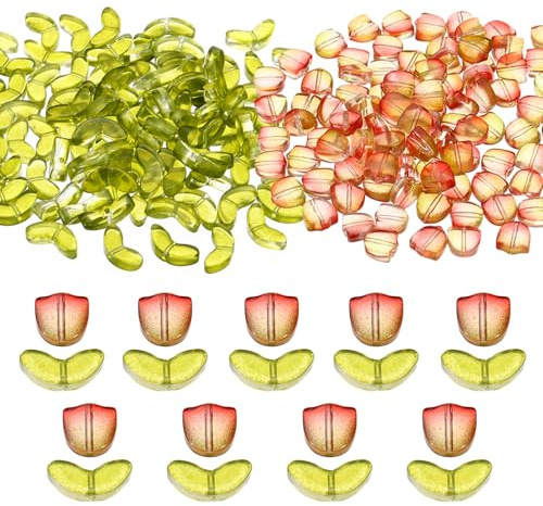 PATIKIL Tulip Flower Crystal Glass Beads, 200 Pack Flower Bead Handcrafted Glass Spacer Bead for Jewelry Making Bracelet Earring, Red/Green