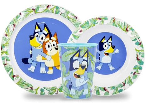 Sorrisini Vajilla Infantil Reutilizable para Niños, Juego de Platos de Plástico Infantiles para Guardería, Escola, Juego Destete para Primera Comida con Plato, Cuenco, Vaso 260ml, Bluey