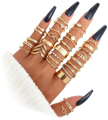 Gold Knuckle Rings Set for Women, 14k Gold Plated Open Stacking Knuckle Midi Rings Dainty Cubic Zirconia Crystal Simple Hollow Cute Ring Pack Jewelry Gifte (Gold 30PCS)
