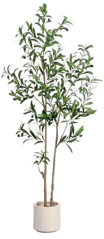Nearly Natural 5ft Minimalist Olive Tree – Artificial Indoor Tree with Faux Olives, Bendable Branches, and White Decorative Planter with Faux Soil – Realistic Greenery for Home or Office Decor