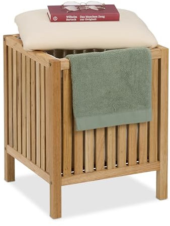 Relaxdays Pouf Portabiancheria, Cesto da Bagno 30 l, HLP: 51x389x38 cm, Sgabello Contenitore in Legno, Naturale Bianco
