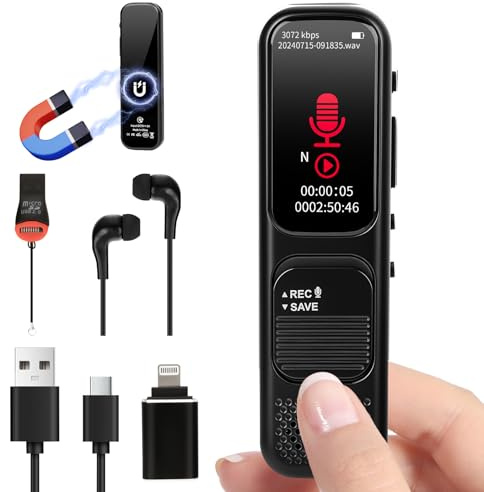 Woeaozy 64GB Diaphone Enregistreur Vocale - 3072 Kbps Dictaphone Numérique avec Activation Vocale, Lecture & Réduction du Bruit, Enregistreur Audio pour Appels/Conférence/Interviews/Classes